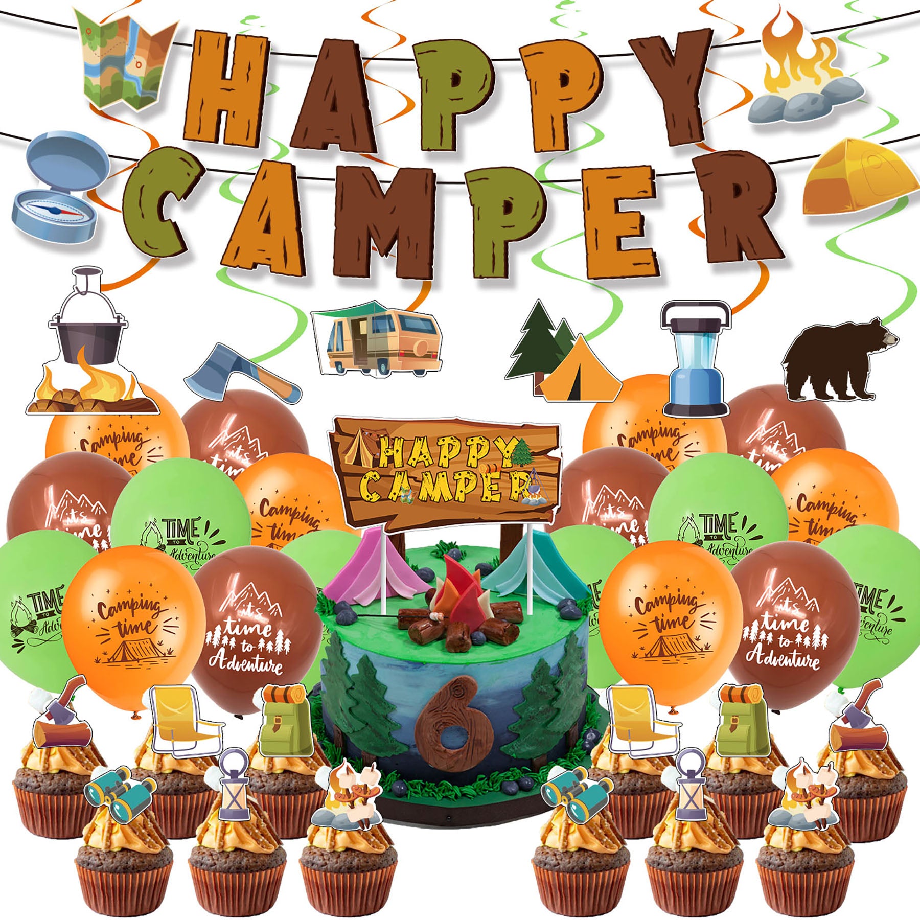 Happy Camper Theme Birthday Party Decoration Latex Balloons Set Letter Banner Cake Topper Camping Supplies 