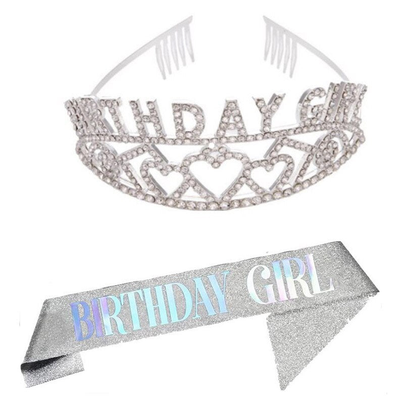 Girls Happy Birthday Party Gifts Birthday Girl Rhinestone Diamond Crown Shoulder Strap Glitter Etiquette Strap Set PartyDecorHQ