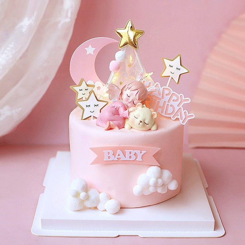 Clouds Moon Stars Sleeping Girl Decoration Angel Feather Cake Toppers Happy Children's Day Birthday for Party Supplies Gifts PartyDecorHQ