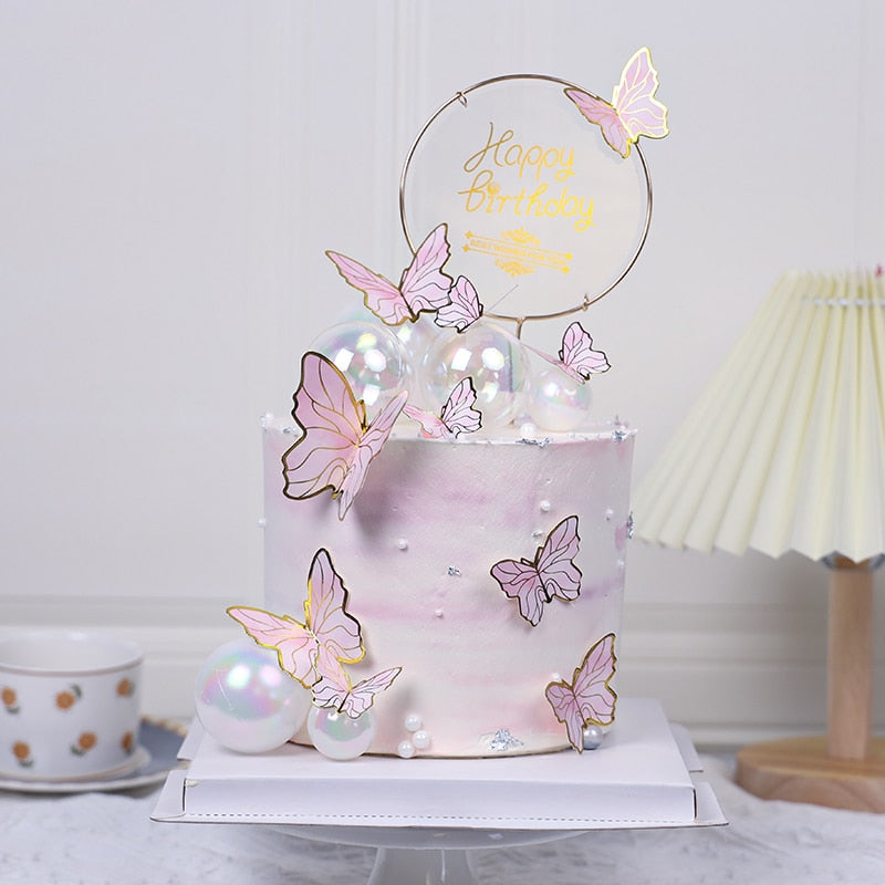 Happy Birthday Butterfly Theme Cake ToppersHandmade Painted Wedding Party Decoration Baking Supplies Gift 