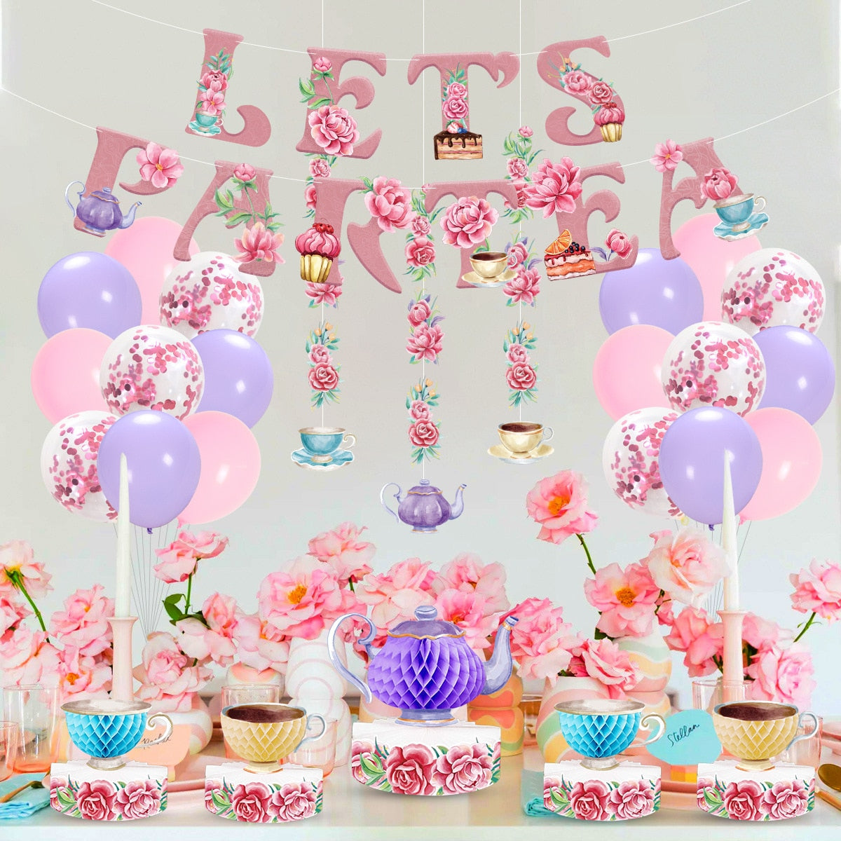 Let's Partea Theme Party Decoration Set Banner Confetti Balloon Rose Flower Garland for Girls Birthday Baby Shower Afternoon Tea PartyDecorHQ