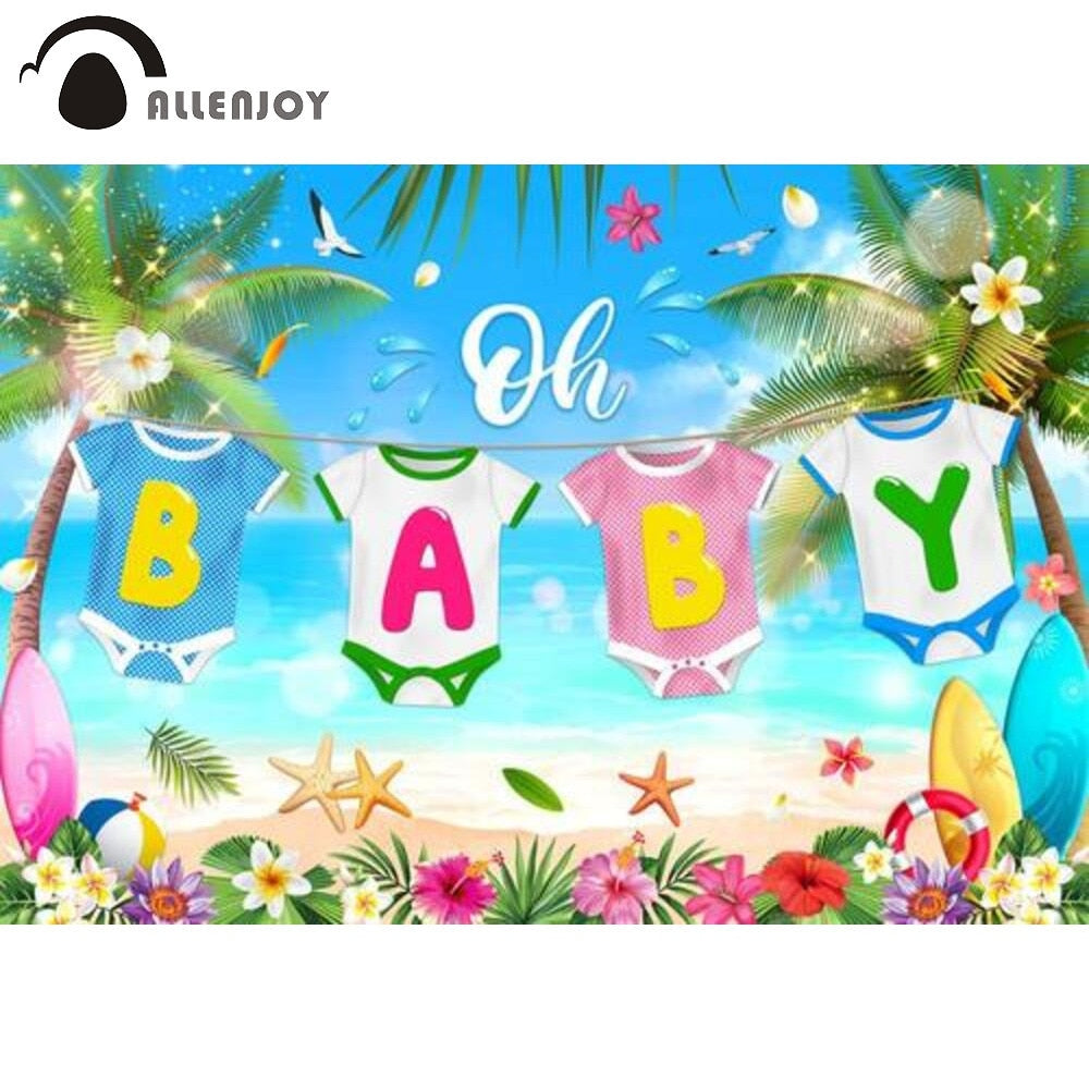 Oh Baby Shower Summer Background Seaside Beach Holiday Tropical Theme Blue Sky Aloha Birthday Party Photophone Backdrop 