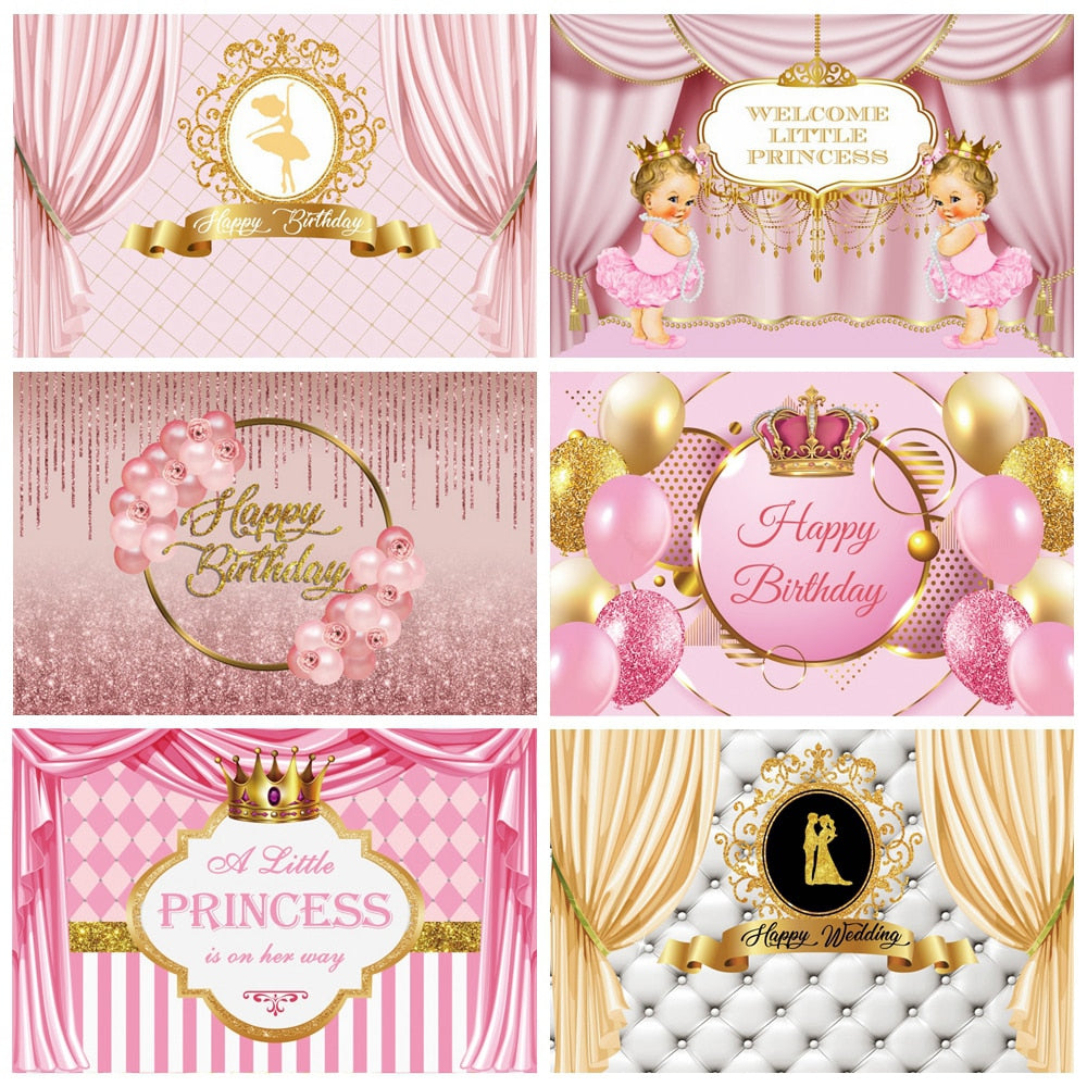 Princess Backdrop Photography Gold Crown Pink Curtain Birthday Party Baby Child Customized Poster Photozone Photo 