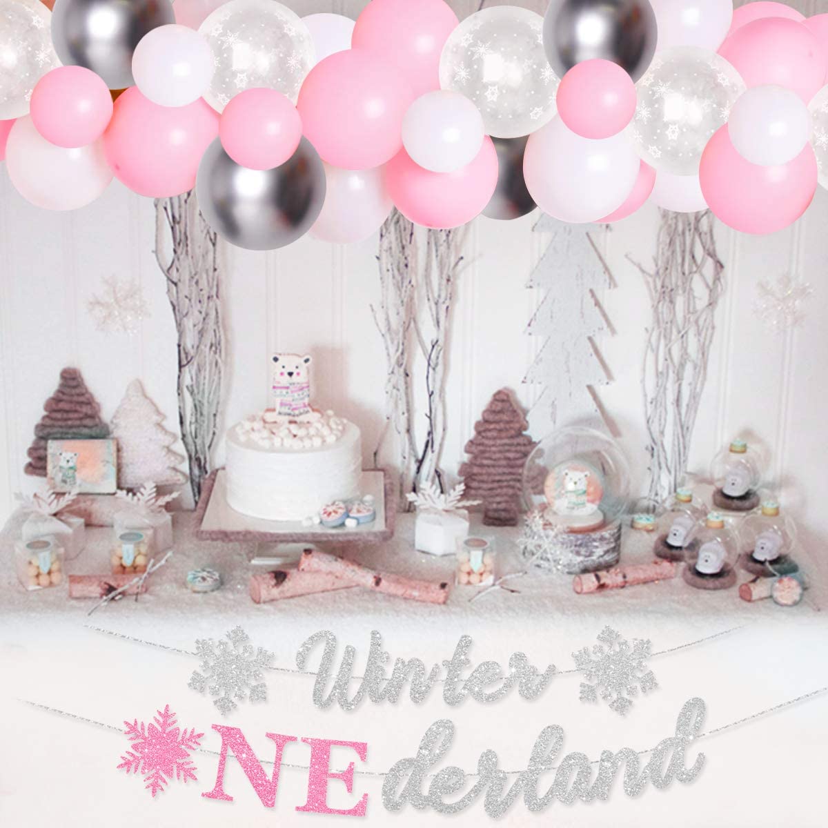 Winter Theme Party Decorations Pink Sliver Snowflake Balloon Set Photo Banner Girl st Birthday Supplies 