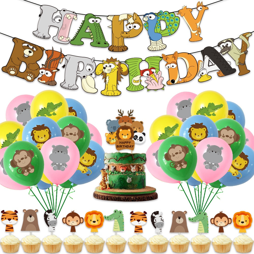 Jungle Animal Theme Party Decoration Happy Birthday Banner Tiger Cake Toppers Latex Balloon Birthday Party Supplies PartyDecorHQ