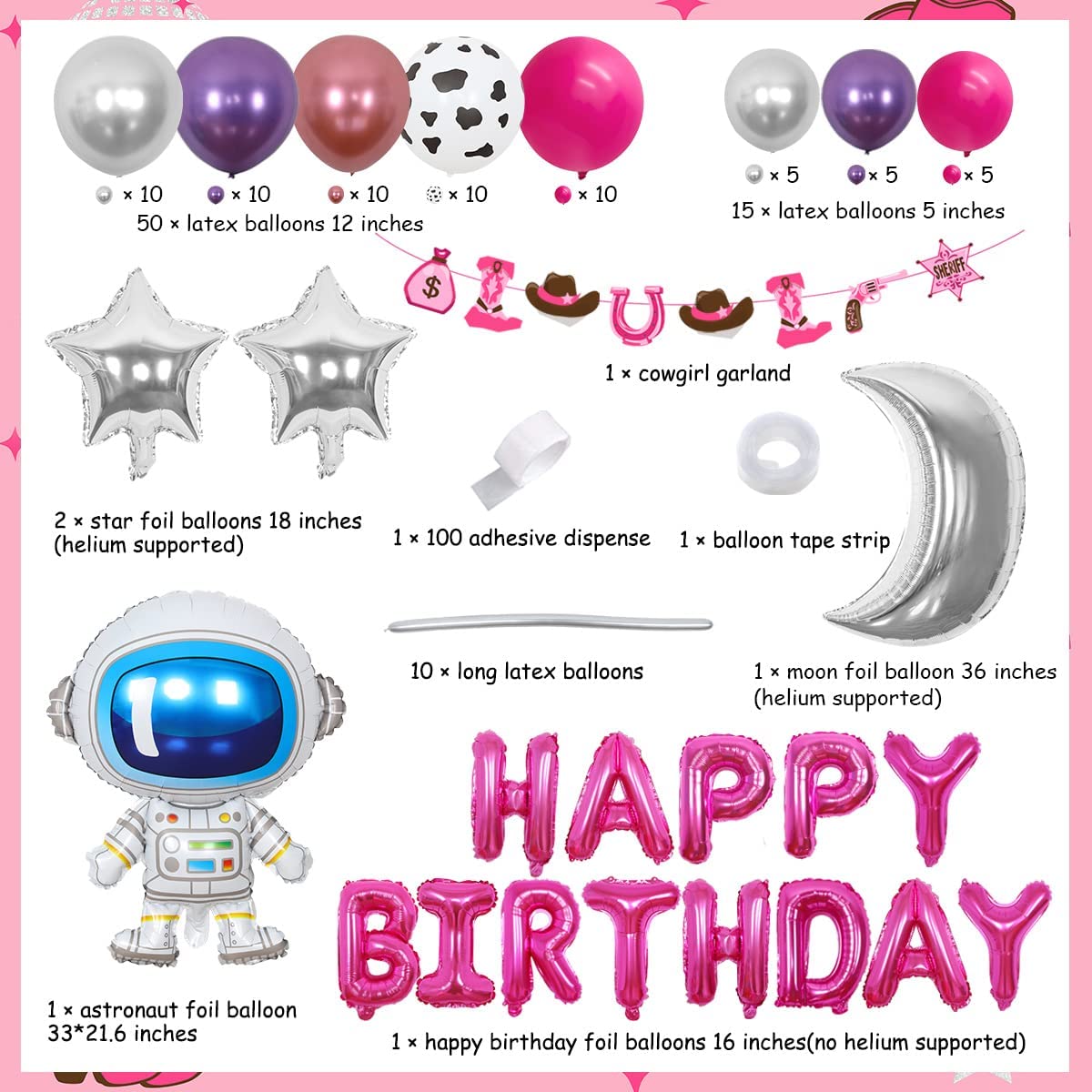 Space Cowgirl Birthday Party Decorations Balloon Garland Kit Astronaut Moon Star Foil Balloons Girls Supplies 