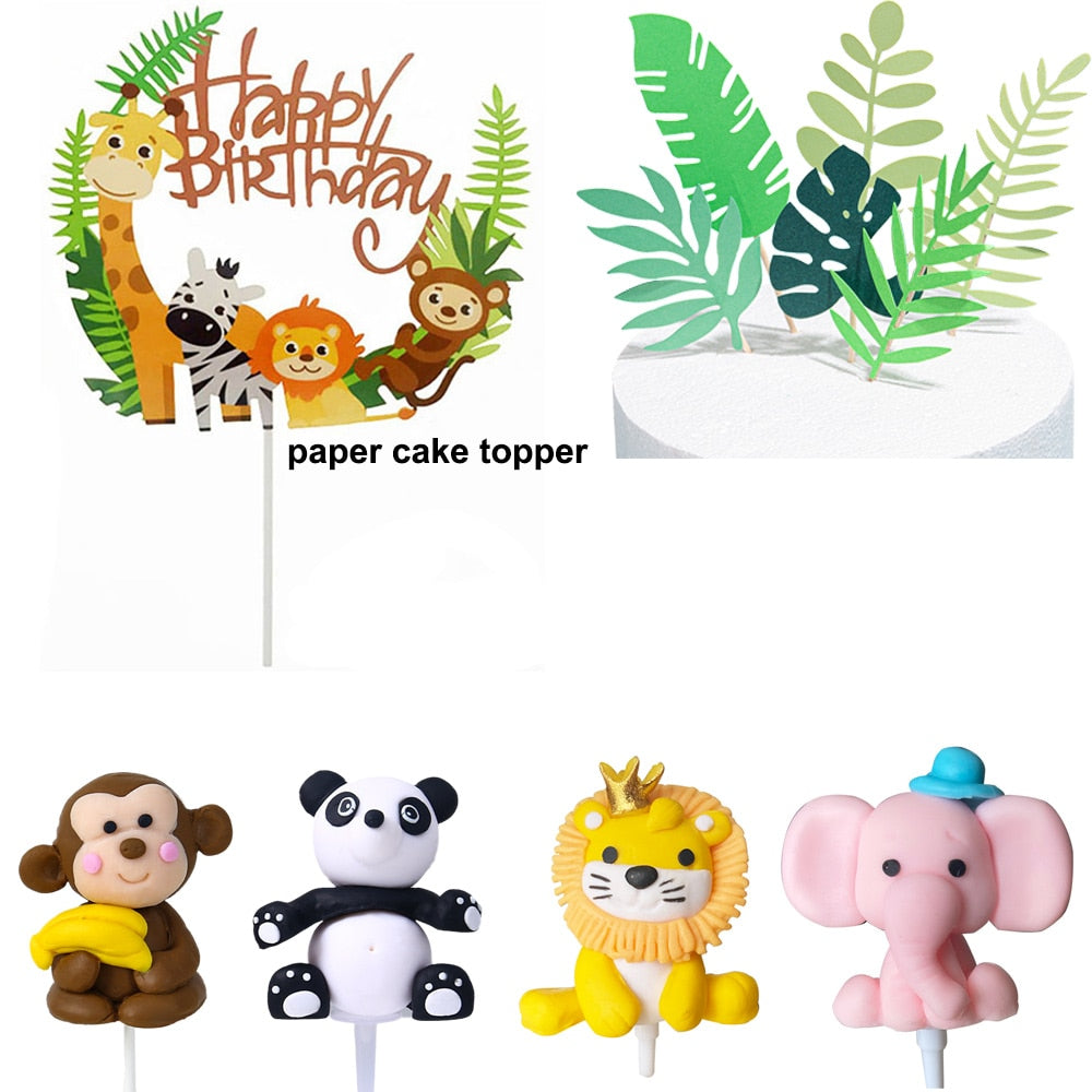 6pcs/Pack Jungle Cake Toppers Set Child Birthday Cake Decoration Safari Animals Giraffe Lion Soft Clay Turtle Leaf Supplies PartyDecorHQ