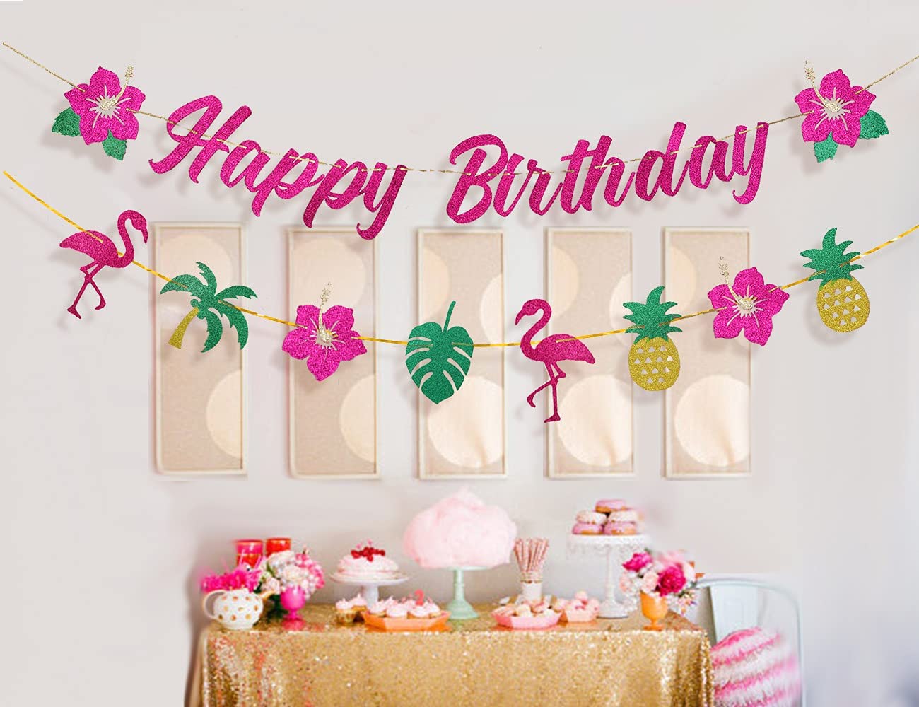 Hawaii Theme Party Decorations Pink Flamingo Tropical Flower Leaf Happy Birthday Banner Supplies 