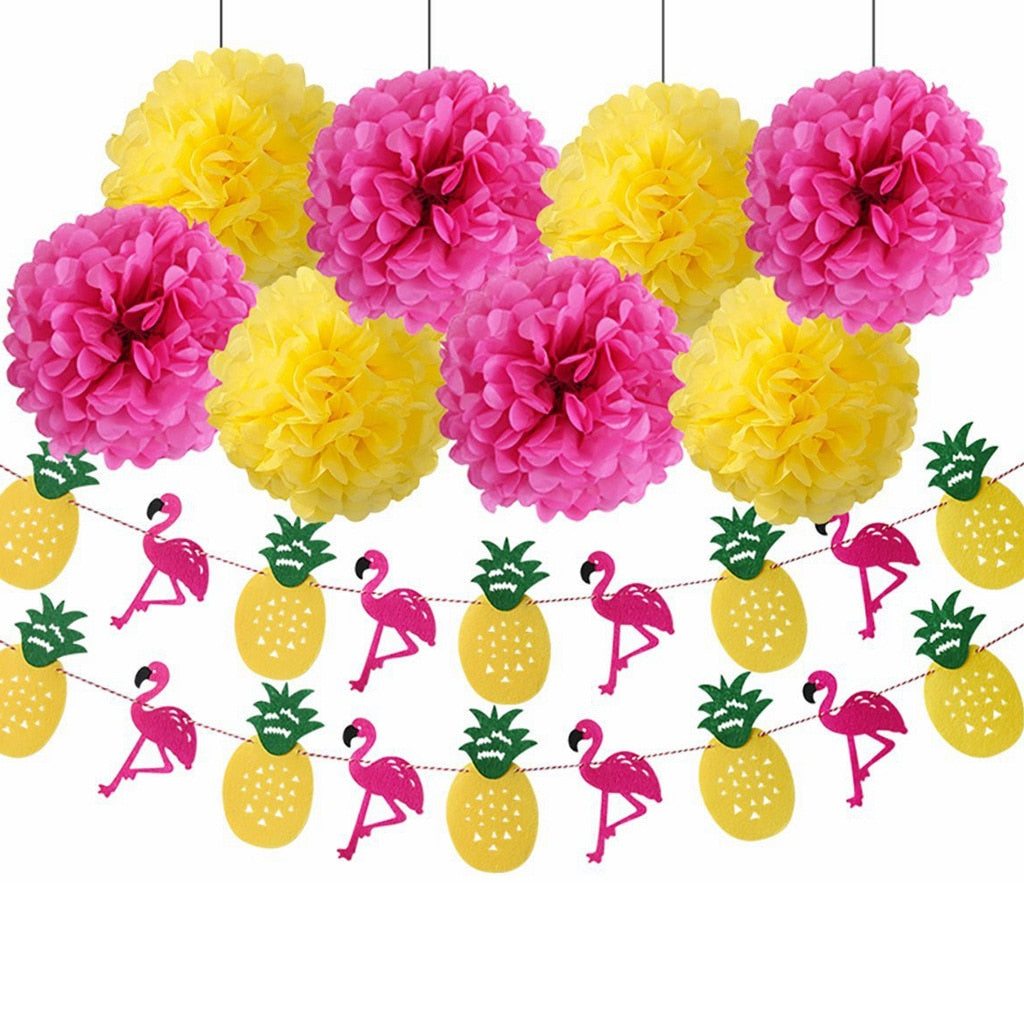 Hawaii Theme Party Decoration Set Flamingo Pineapple Banner Yellow Rose Red Paper Flower Birthday Supplies 