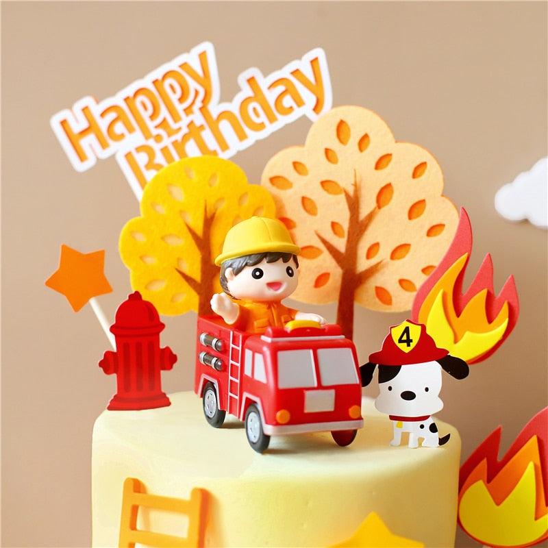 Happy Birthday Cake Toppers Party Supplies Fireman Set Fire Ladder Truck Decoration Boy Children's Day Decorate Gifts 