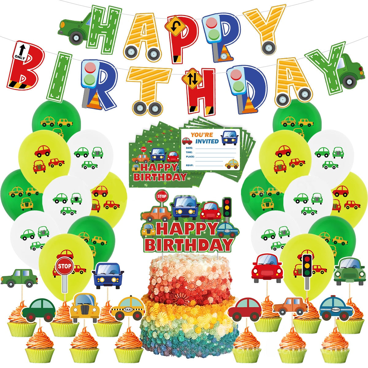 Car Theme Birthday Party Decoration Cartoon Balloon Set Banner Cake Topper Boys st nd rd Supplies 