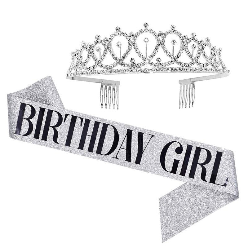 Girls Happy Birthday Party Gifts Birthday Girl Rhinestone Diamond Crown Shoulder Strap Glitter Etiquette Strap Set PartyDecorHQ