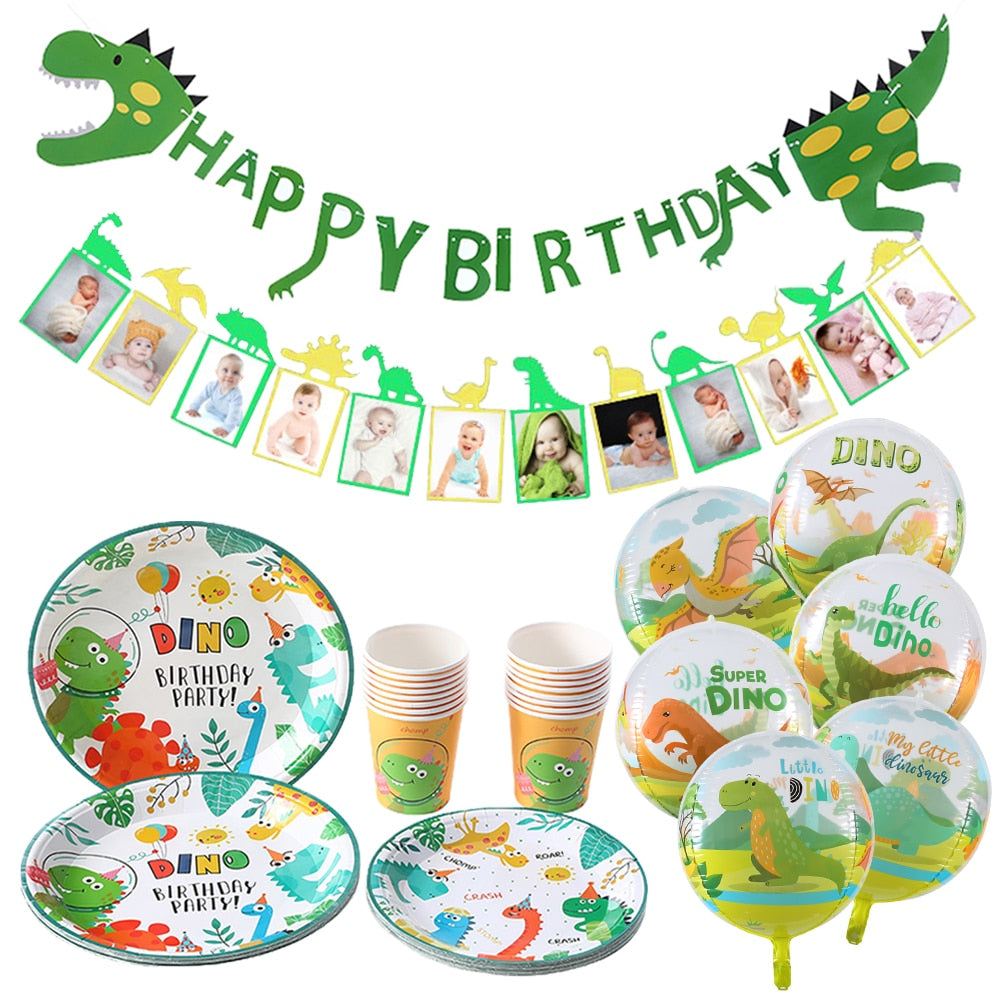 Cute Dinosaur Birthday Decorations Disposable Tableware Plates Cups Jungle Dino Party Banner Kids Summer Birthday Party Supplies PartyDecorHQ