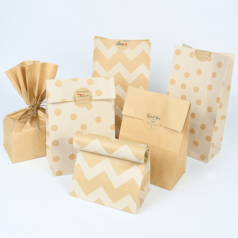 10pcs Kraft Paper Bag Dot Stripe Print Gift Bags Packaging Biscuit Candy Bread Snacks Takeaway Bags Wedding Event Party Supplies PartyDecorHQ