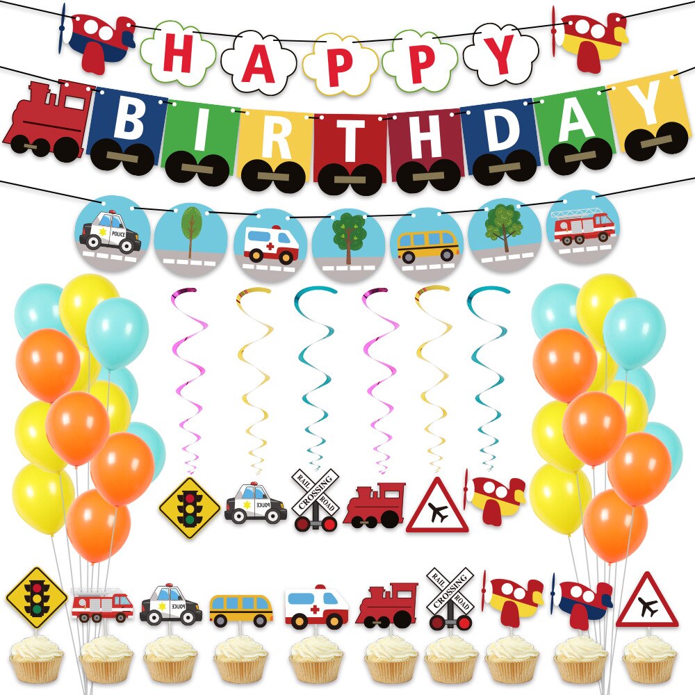 Transportation Themed Party Decoration Yellow Orange Balloon Banner Vehicle Cake Toppers Boys st Birthday Supplies 