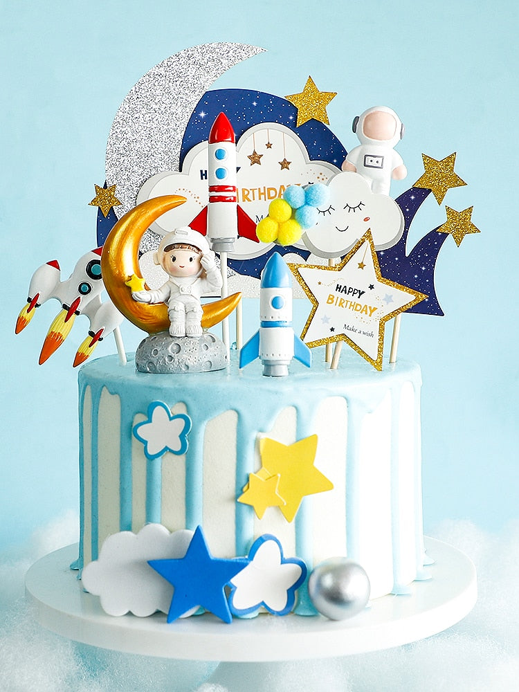 Universe Stars Rocket Astronaut Moon Happy Birthday Letter Decoration Cake Topper Dessert Children's Day Lovely Gifts 