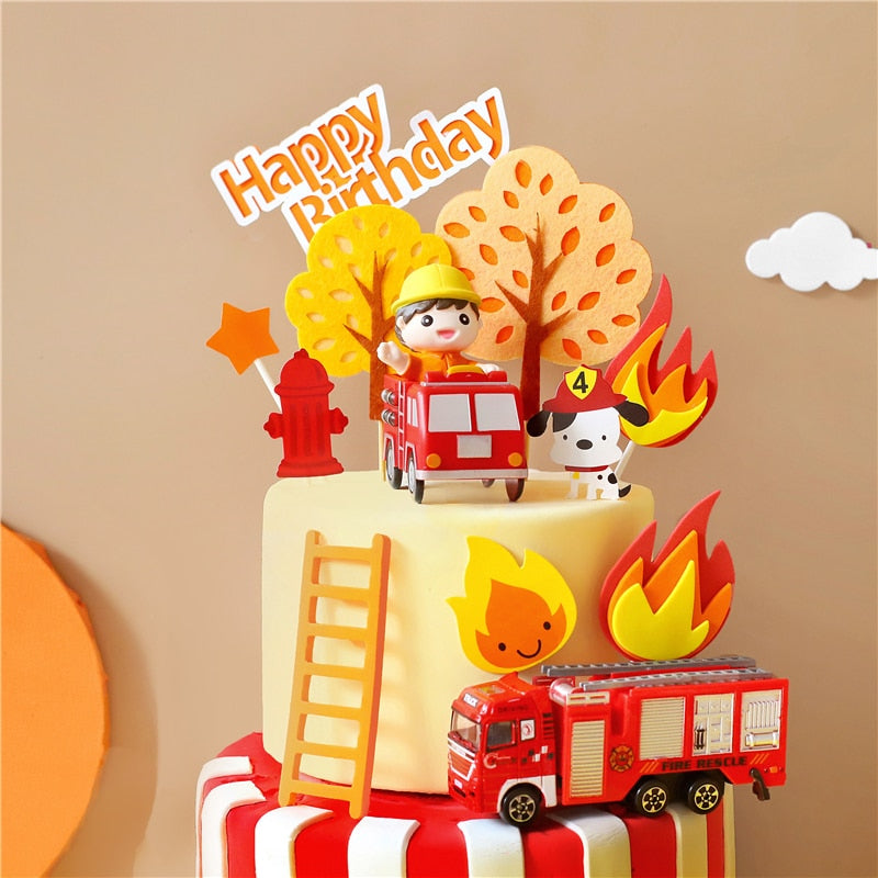 Happy Birthday Cake Toppers Party Supplies Fireman Set Fire Ladder Truck Decoration Boy Children's Day Decorate Gifts 