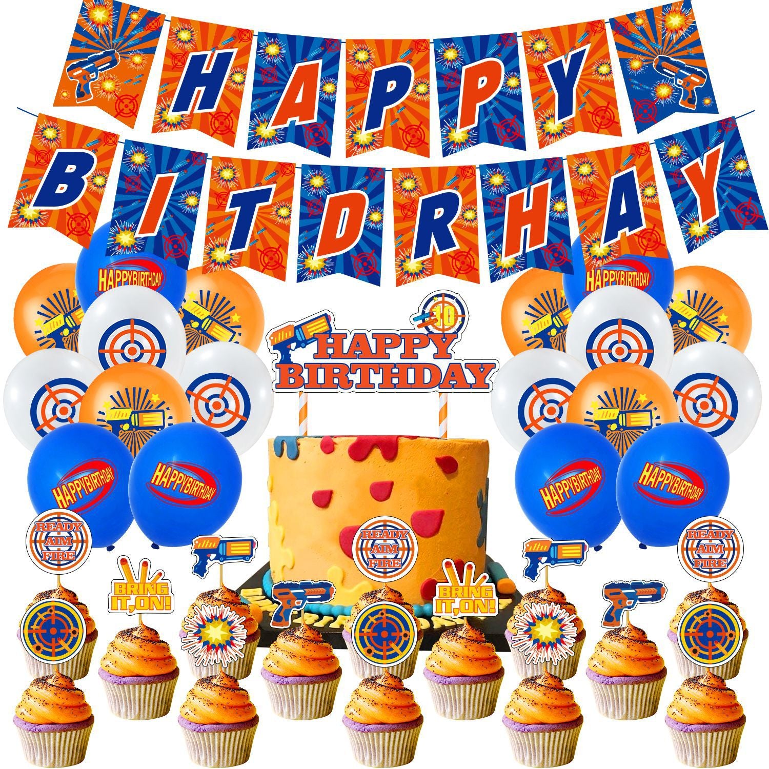 Darts Theme Blue Orange White Latex Balloons Pistol Cupcake Toppers Banner Boy st rd Birthday Party Decoration 