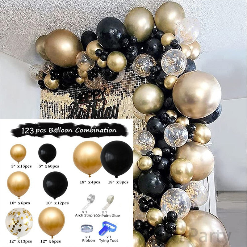 123pcs Black Golden Balloon Garland Kit Gold Confetti Latex Ballon  30th 40th 50th Happy Birthday Baby Shower Party Decoration PartyDecorHQ