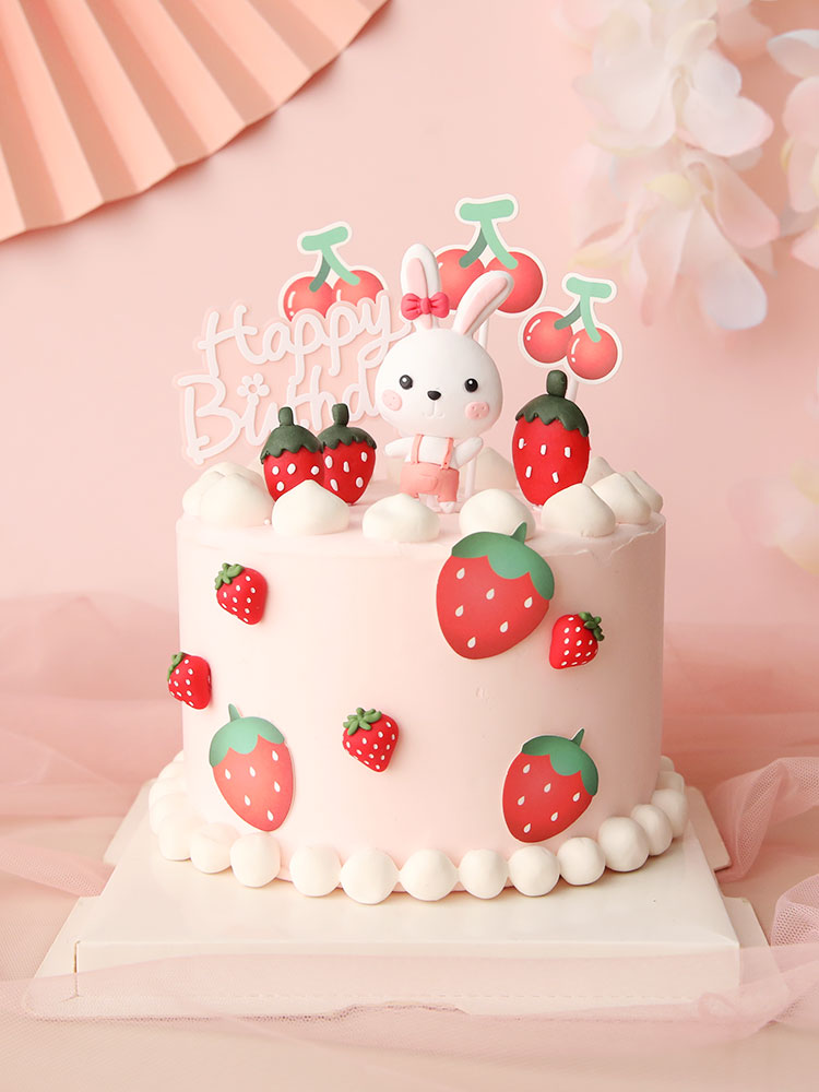 Pink Bunny Baby Strawberry Decoration Happy Birthday Rabbit Moon Cake Topper Children Kid Party Baking Supplies Lovely Gift 