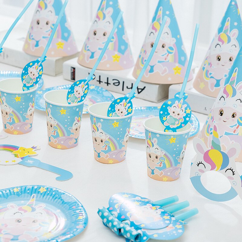 Unicorn Theme Disposable Tableware Set Blue Paper Plate Cup Kids Toys Glasses Birthday Baby Shower Party Supplies 