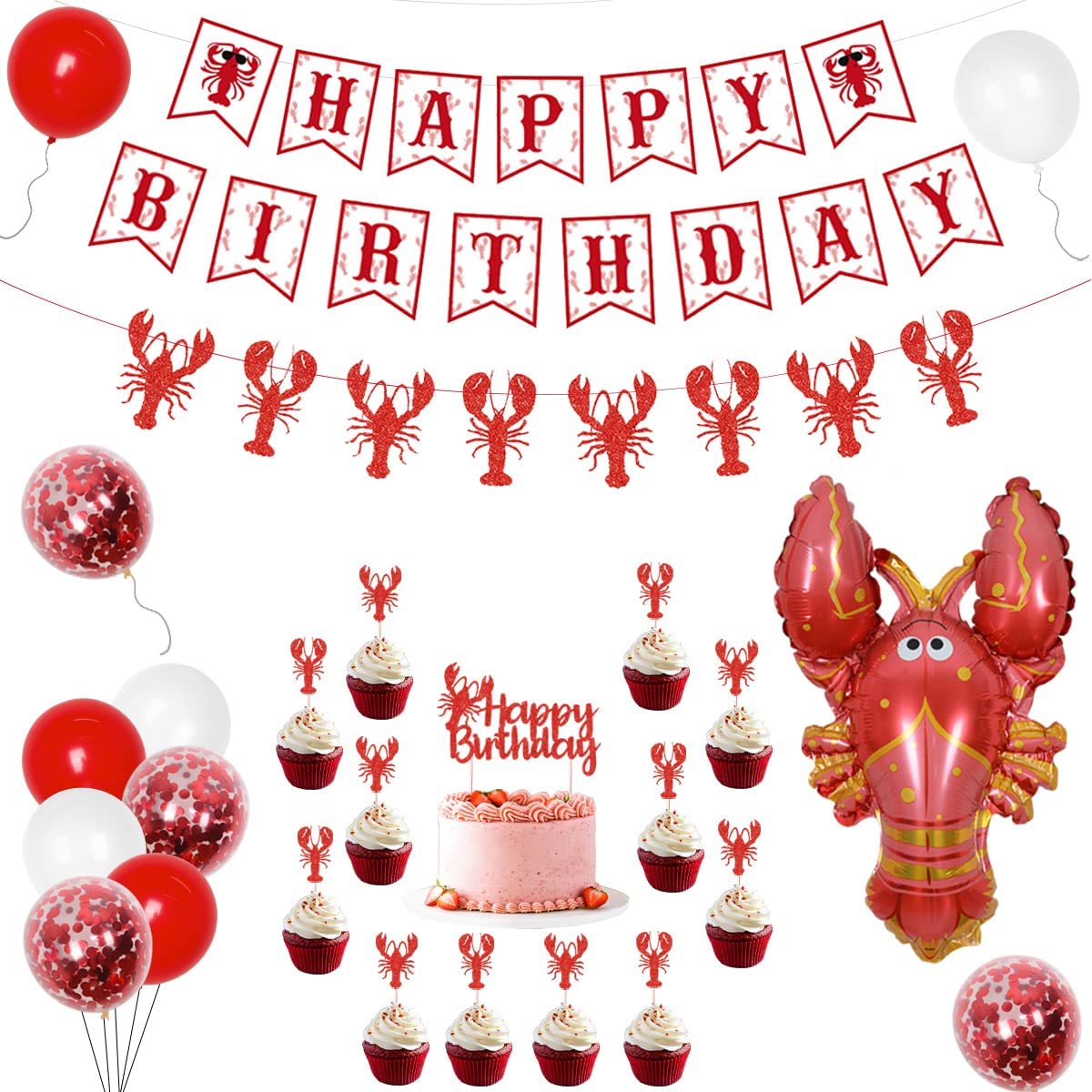 Lobster Crawfish Theme Birthday Party Decoration Balloons Set Banner Cupcake Toppers Summer Picnic BBQ Supplies Inflatable Decorations