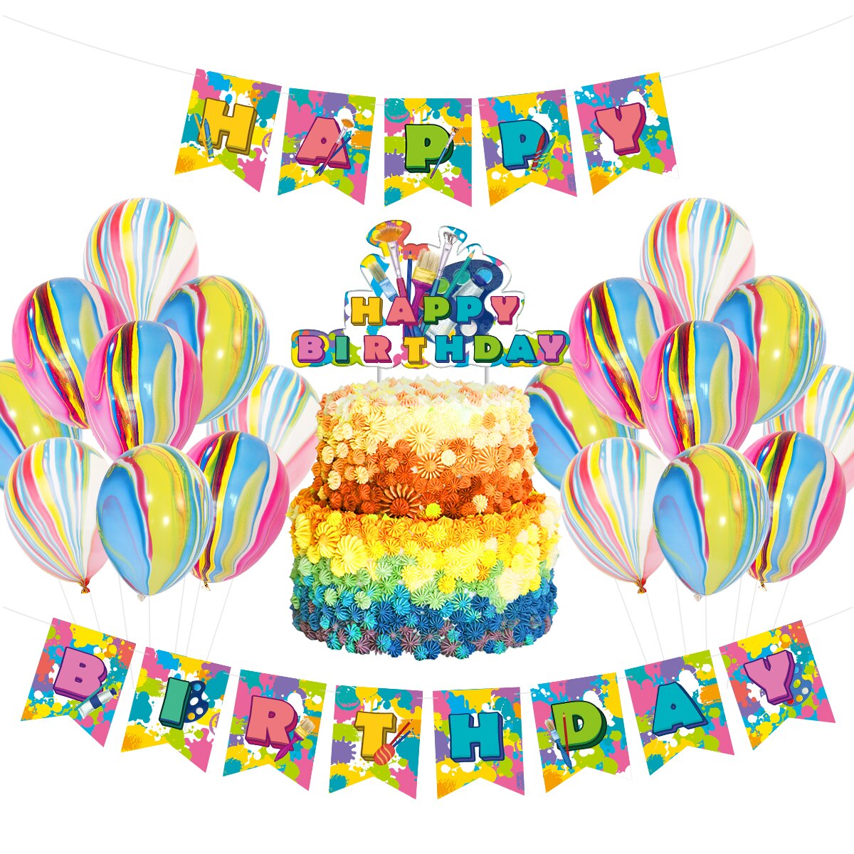 Painting Art Theme Birthday Party Decoration Tie Dye Latex Balloon Set Banner Cake Topper Kids Adults Supplies 