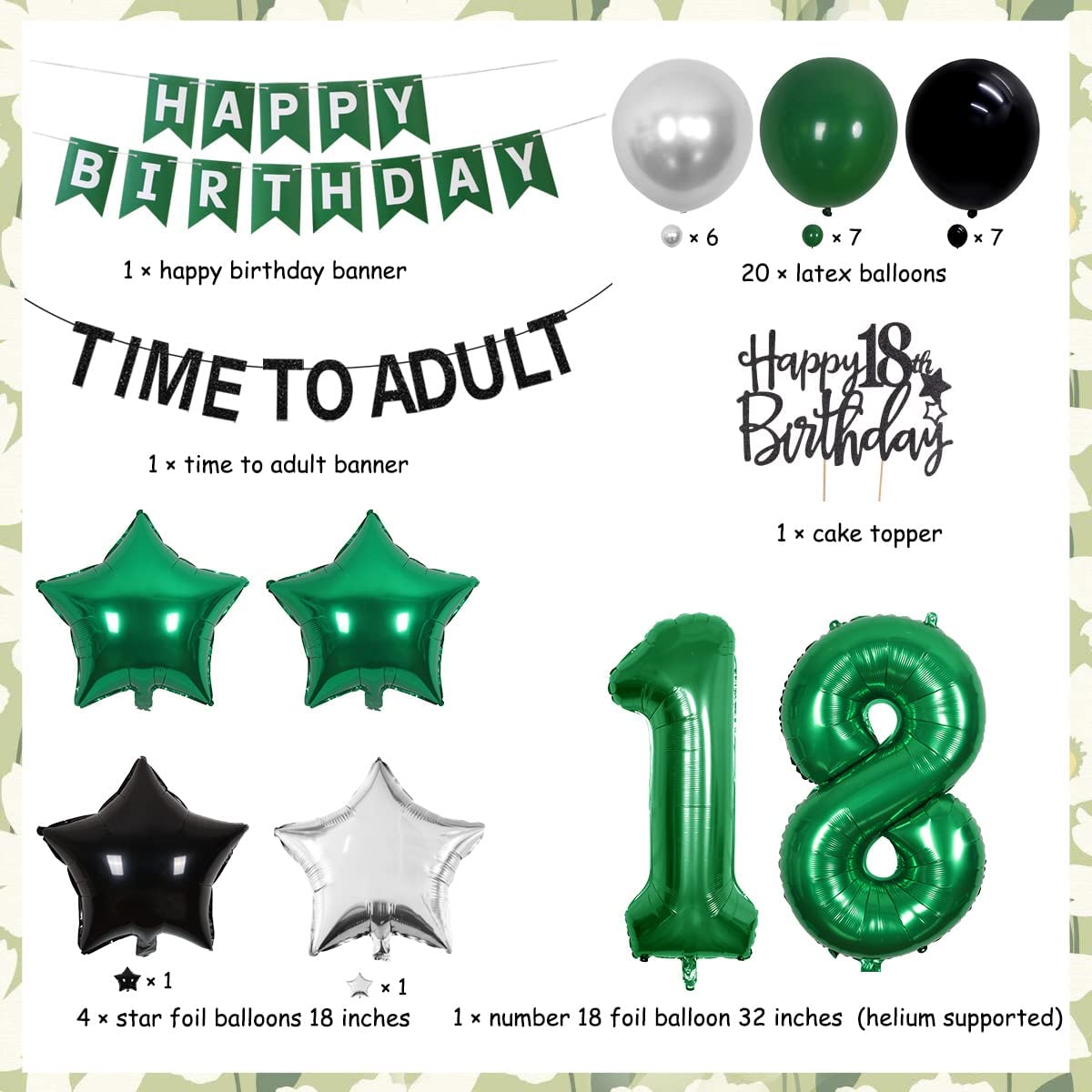 th Birthday Party Decorations Balloons Green Time Adult Banner Cake Topper Year Old Supplies Inflatable