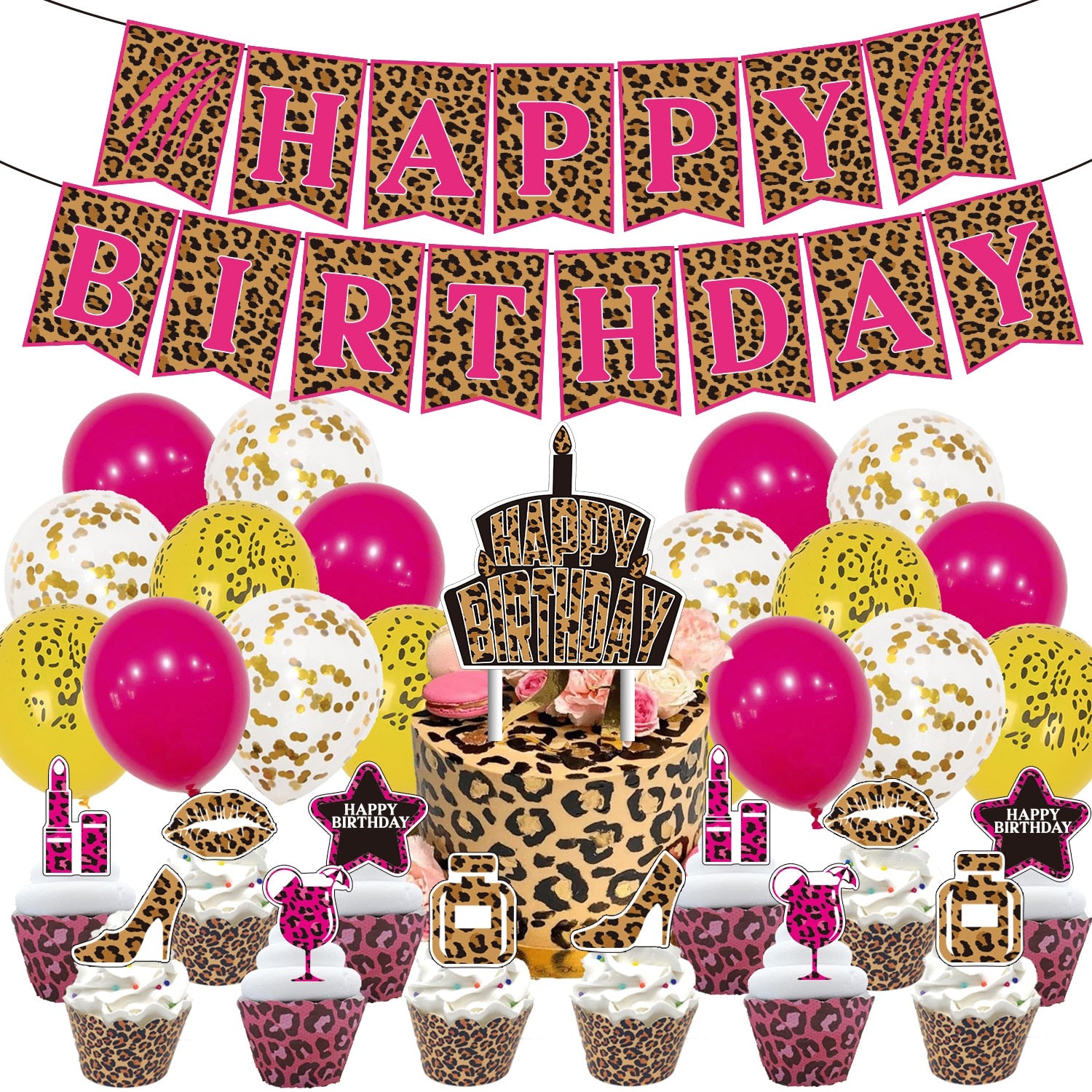 Sexy Leopard Themed Birthday Party Decorations Balloons Set Cake Topper Banner Romantic Fashion Women Supplies 