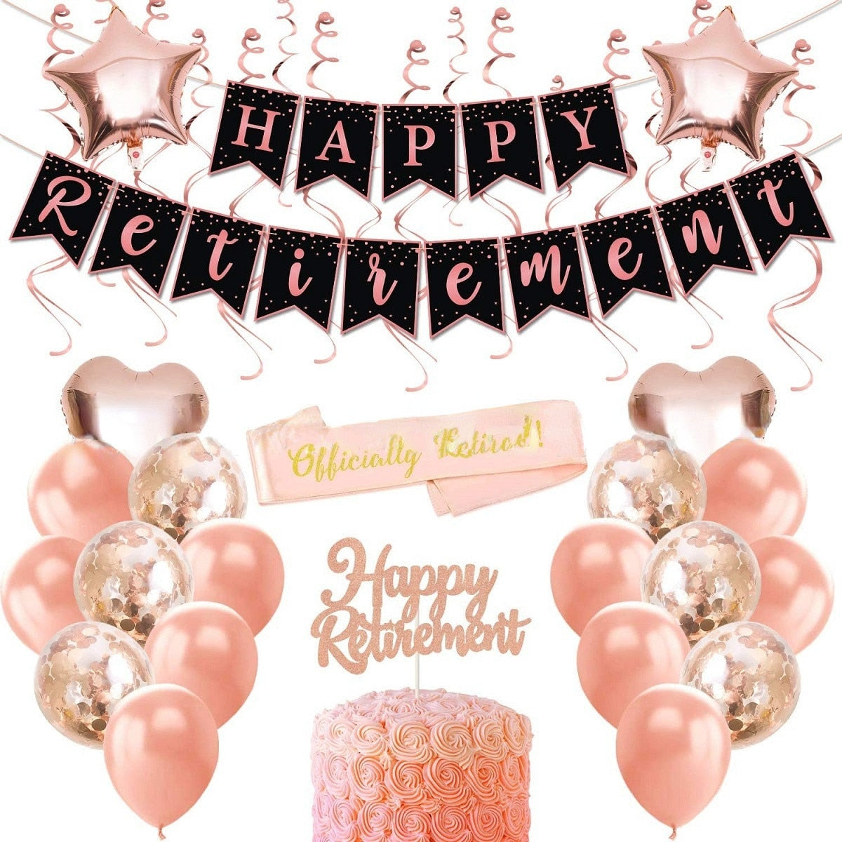 Rose Gold Retirement Party Decoration Set HAPPY RETIREMENT Banner Confetti Balloon Cake Topper Women Supplies 