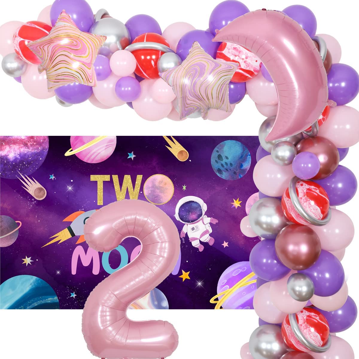 nd Outer Space Theme Birthday Party Decorations Balloon Arch Garland Kit Two Moon Backdrop Girl 