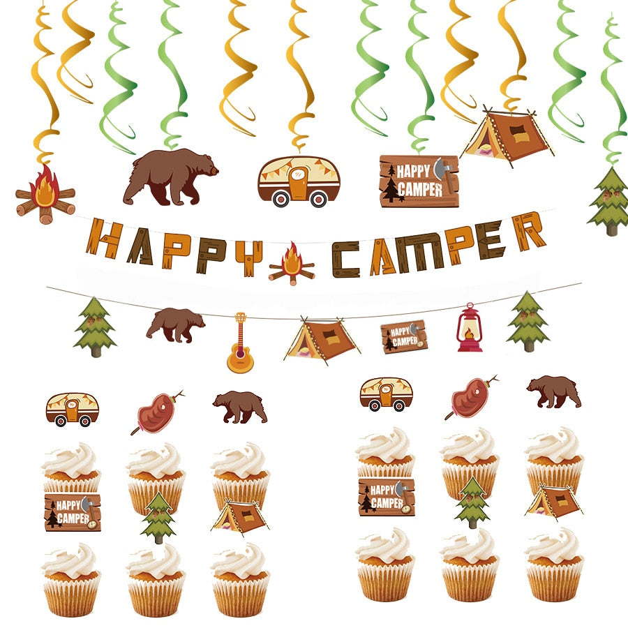 Wild Camping Theme Birthday Party Decoration Happy Camper Banner Cake Topper Hanging Spiral Outdoor Supplies 