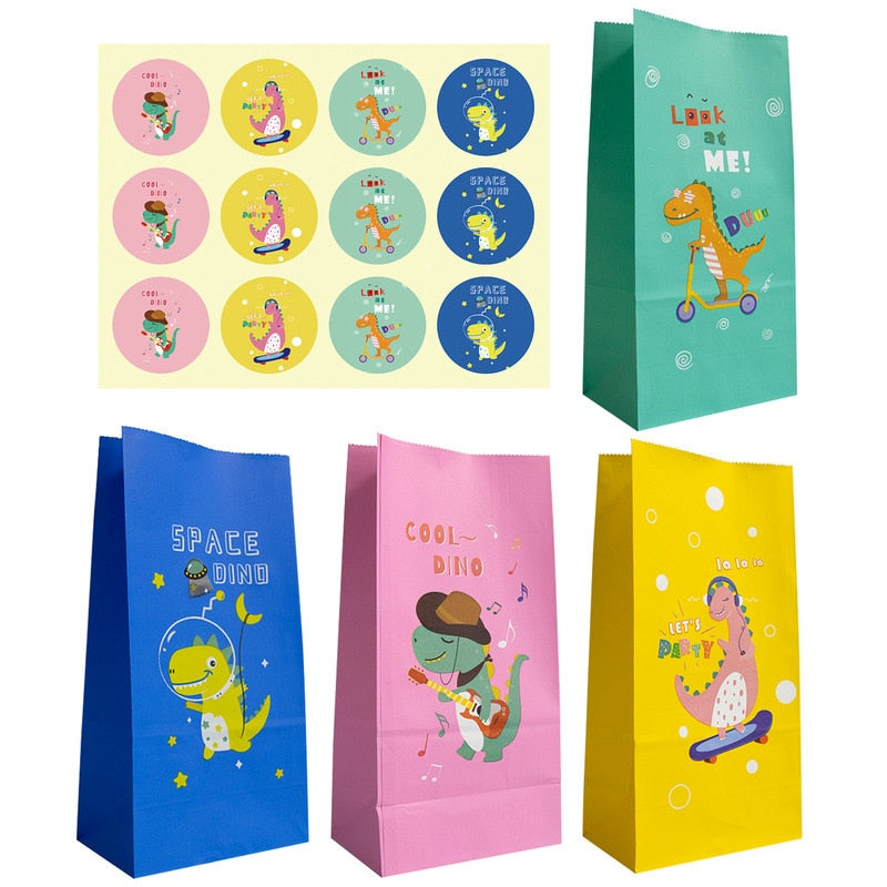 12pcs/set Cartoon Dinosaur Candy Bags Kraft Paper Bag Kids Jungle Birthday Decoration Gifts Packaging Box Baby Shower Supplies PartyDecorHQ