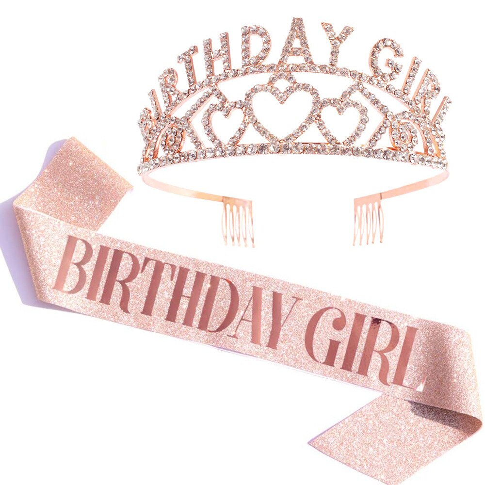 Girls Happy Birthday Party Gifts Birthday Girl Rhinestone Diamond Crown Shoulder Strap Glitter Etiquette Strap Set PartyDecorHQ