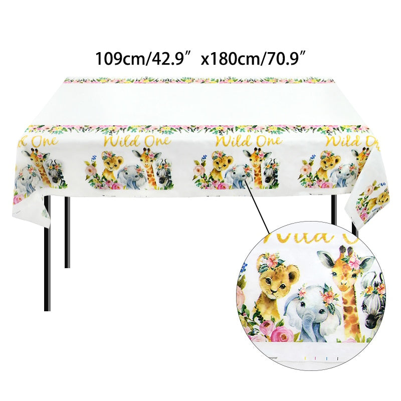 Jungle Animal Theme Disposable Tablecloth Forest Deer Cute Fox Bear Safari Table Cover Kids Happy Birthday Party Decor 