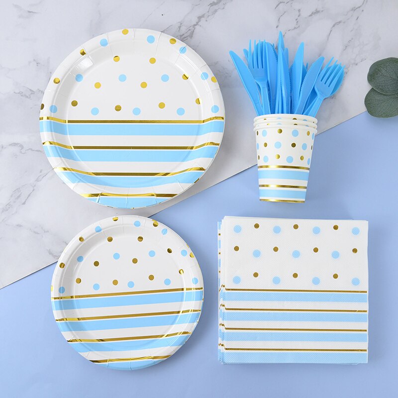 Blue Gold Dot Stripe Disposable Tableware Set Birthday Paper Plate Cup Napkin Wedding Party DIY Decorations Baby Shower Supplies 