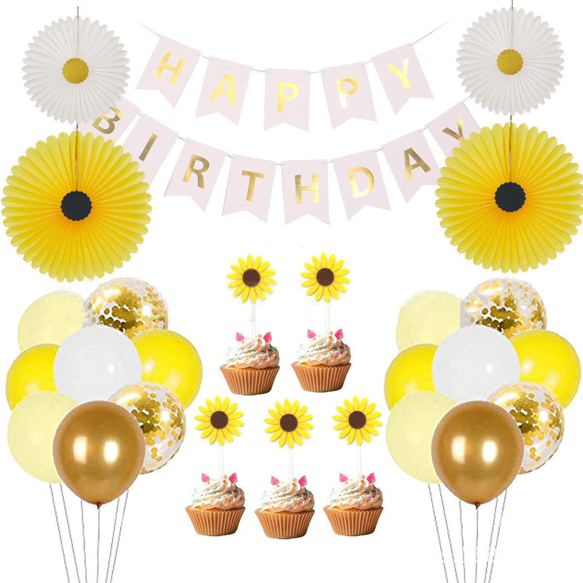 Sunflower Theme Party Decoration Banner Yellow Gold Confetti Balloon Cake Toppers for Girls Birthday Party Supplies PartyDecorHQ