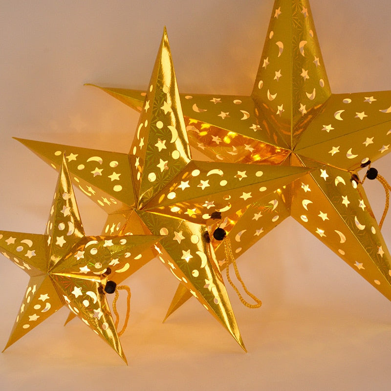 30/45/60cm Hollow Out Star Hanging Pendant Eid Mubarak Decorative Home Party Outdoor Paper Lantern Stars Lampshade Garden Decor PartyDecorHQ