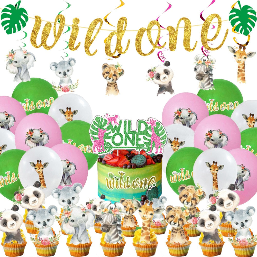 Pink WILD ONE Girls st Birthday Party Decoration Balloons Set Jungle Animals Banner Cake Toppers Supplies 